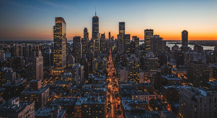 Obraz premium vibrant city skyline at dusk with illuminated skyscrapers and glowing streetlights