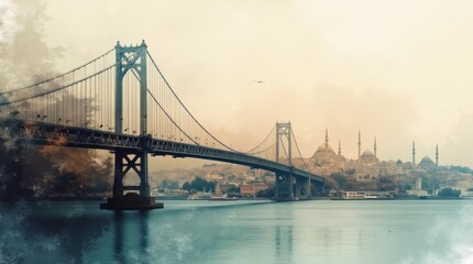 Fototapeta premium Surreal Double Exposure: Istanbul Cityscape and Bosphorus