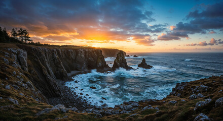 Obraz premium Dramatic Sunset Over Rugged Coastal Cliffs and Ocean Waves