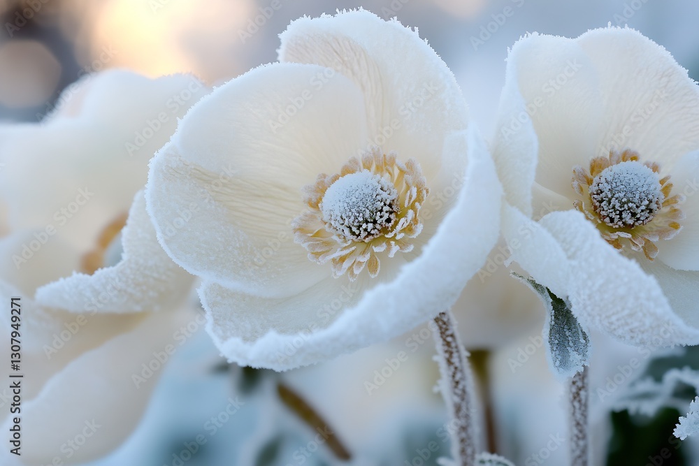 Poster charming frostbitten anemone flowers in white and beige creating a winter wonderland scene : generat