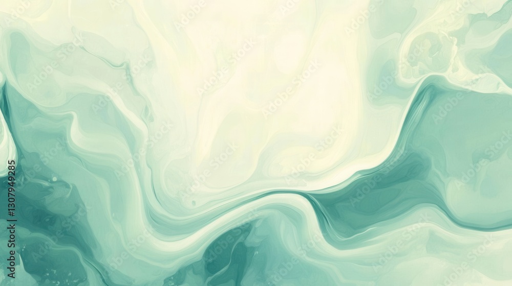 Poster smooth flowing abstract shapes create a calming atmosphere with pastel green and blue tones in a ser