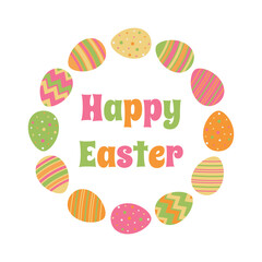 Happy Easter. Frame of painted Easter eggs with text. Isolated flat vector illustration for decoration of banners, posters, backgrounds, cards.