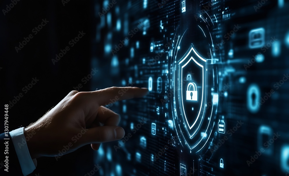 Poster Confident businessman engaging with futuristic security system for enhanced data safety : Generative AI