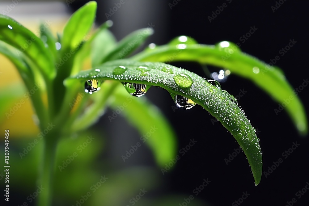 Aufkleber close up view of fresh leaves with water droplets against a dark background : generative ai