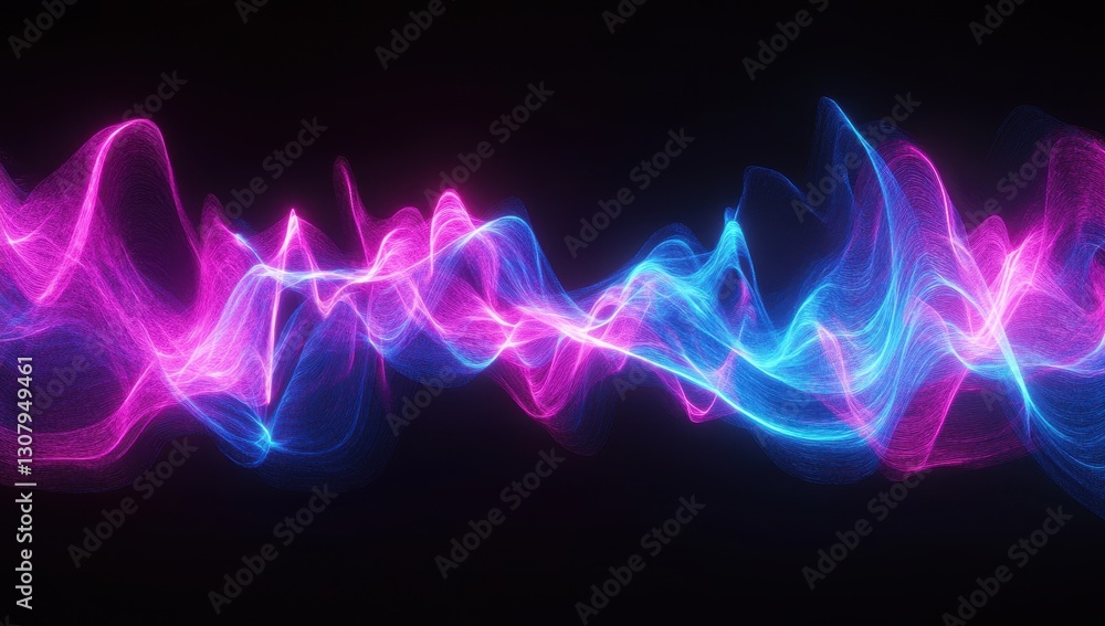 Poster vibrant abstract light waves in blue and pink colors with soft glow on a black background for dynami