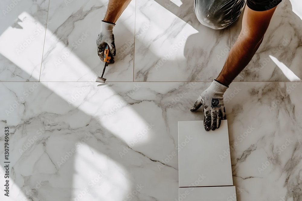 Aufkleber craftsman laying out tiles with natural light shining through in modern space : generative ai