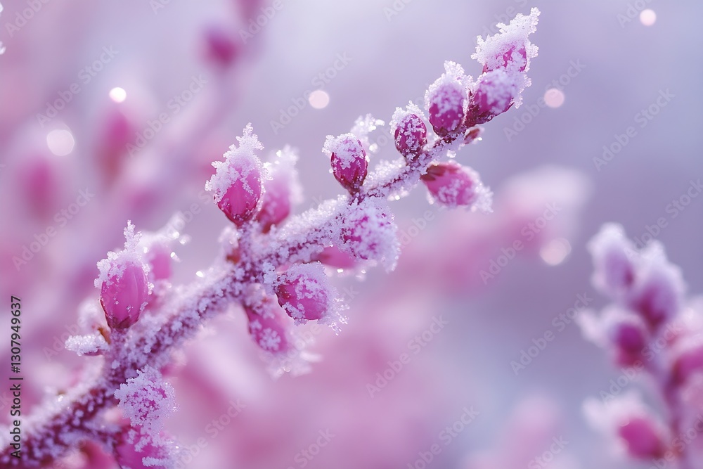 Aufkleber beautiful frozen pink flower buds with sparkling frost in a winter wonderland setting : generative a