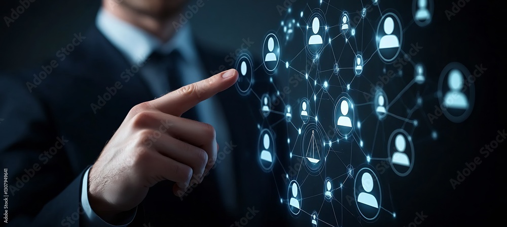 Poster businessman interacting with digital network connections symbolizing social media and communication 