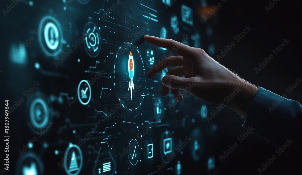 Poster close-up of hand engaging with rocket launch symbol on a high-tech digital screen : generative ai