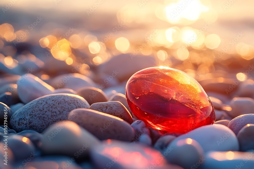 Poster glorious red stone illuminated by soft sunset light nestled among polished pebbles on a beach : gene