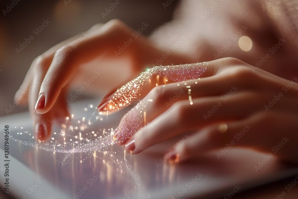 Aufkleber Close up of hands using digital device with sparkling particles enhancing the creative technology experience : Generative AI