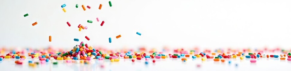 Rainbow sprinkles descend slowly against a white background, slow motion sprinkles, close-up