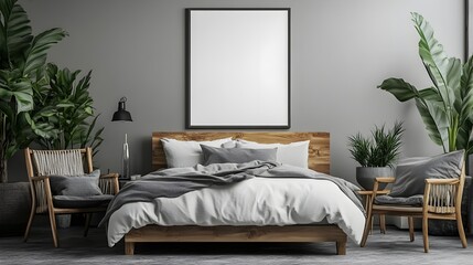 Blank white poster mockup in a cozy bedroom. 3D rendering