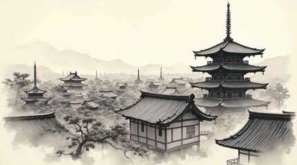 Delicate Kyoto Temple in Sumi-e Ink Painting