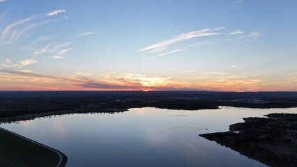 Aerial view of orange sunset over the lake