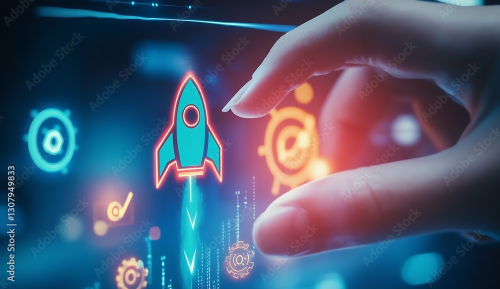 Poster futuristic hand pressing a digital rocket icon illustrating startup concepts and ambition : generati