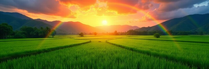 Naklejka premium Summer sunset, vibrant rainbow arches over lush green rice paddies, scenery, photo