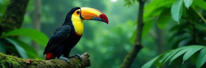 Obraz premium Vibrant toucan on mossy branch, rainforest rain , tropical, beak