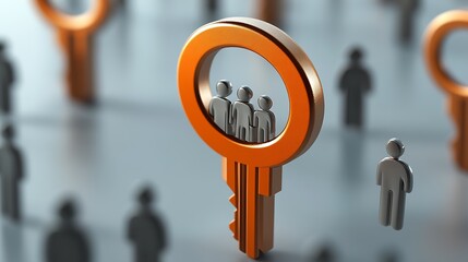 Bold orange key with multiple figures inside emphasizing teamwork and collaboration within a community : Generative AI