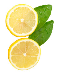 Front view of ripe yellow lemon fruit or slices in two circles with green leaves isolated on white...
