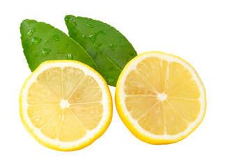 Front view of ripe yellow lemon fruit or slices in two circles with green leaves isolated with...