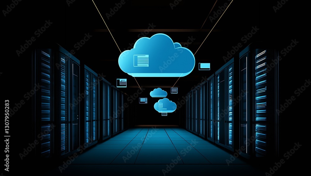 Fototapete Sleek and Modern Data Center with Blue Cloud Graphics and Advanced Server Technology : Generative AI