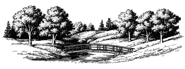 Engraved illustration of a serene landscape with a graceful bridge over a gently flowing stream surrounded by lush trees
