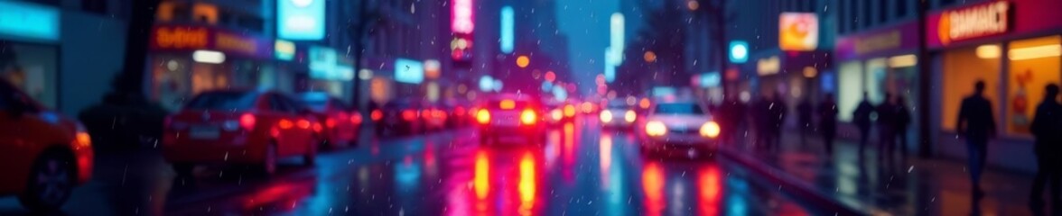Blurred neon streaks, downpour on city street , city background, rainy city