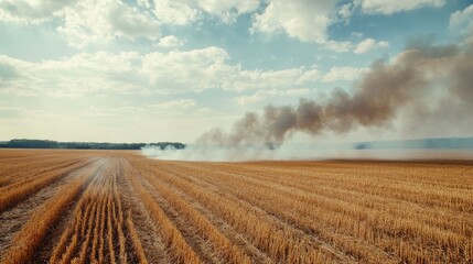 Agricultural field burning aftermath with sky and smoke backdrop rural scene