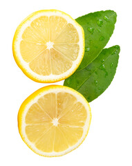 Front view of ripe yellow lemon fruit or slices in two circles with green leaves isolated with...