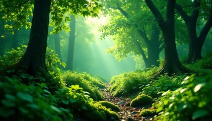 Obraz premium Emerald green undergrowth, sunlight filtering through dense canopy , vines, close-up