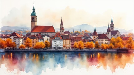 Naklejka premium Vibrant Watercolor Cityscape of Zurich