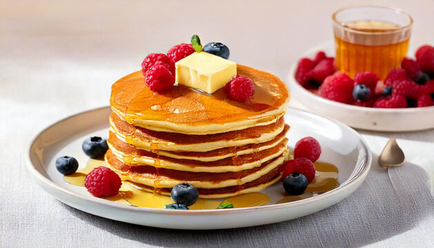 Pancakes with maple syrup, butter, and fresh berries