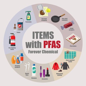 Illustrative diagram of common items that usually contain PFAS (Per- and polyfluoroalkyl substances)