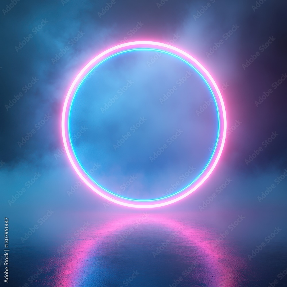Poster vibrant neon circle in a misty atmosphere with reflective surface enhancing light and color in a sur