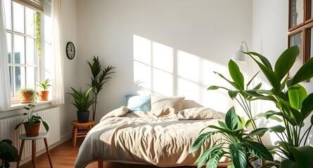Tranquil Bedroom Interior with Natural Light, Plants, and Minimalist Decor