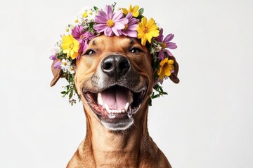 Professional studio snapshot. Cute adult dog great dane wearing untamed flower circlet on its head - symbol of sunny vacation time. Isolated blue background, copy space, promotion concept art.
