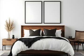 Blank white poster mockup in a cozy bedroom. 3D rendering