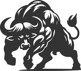 A buffalo with a hunched back, muscles flexed aggressively animal vector silhouette