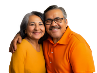 Smiling Senior Hispanic couple embracing, isolated on white transparent background
