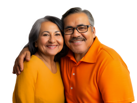 Smiling Senior Hispanic couple embracing, isolated on white transparent background