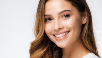 Naklejka premium Portrait of a Happy Young Woman Smiling for Skincare and Cosmetics on a White Background