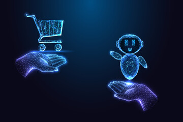 AI chatbot and shopping cart in glowing hands. E-commerce automation, online shopping concept vector