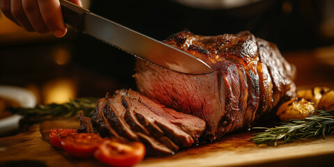 Cooked Roast Beef Being Sliced