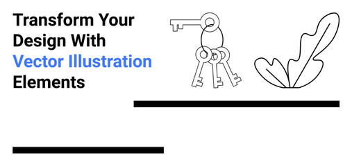 Three metal keys on a ring alongside a stylized leaf, framed by bold horizontal lines and modern sans-serif text. Ideal for branding, creativity, security, minimalist themes, nature-inspired designs