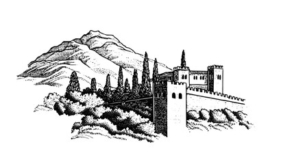 Engraved illustration of a majestic castle on a hillside surrounded by towering mountains and lush greenery at dusk