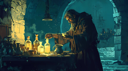 A shadowy alchemist working in an ancient stone chamber, mixing potions under candlelight. Shadowy - Alley. Illustration