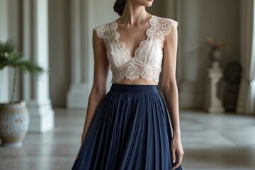Elegant Woman in Lace Top and Navy Skirt Radiates Sophistication in Stylish Indoor Setting