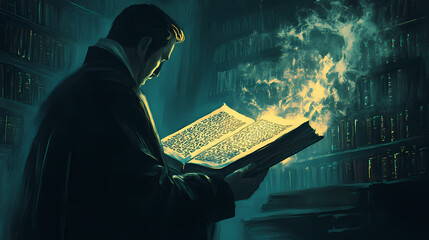 A shadowy figure assessing a forbidden book filled with mysterious and cryptic symbols. Shadowy - Alley. Illustration