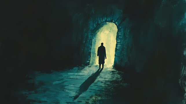 A shadowy figure standing at the entrance of a cave, [fear of the unknown], [journey into darkness]. Shadowy - Alley. Illustration
